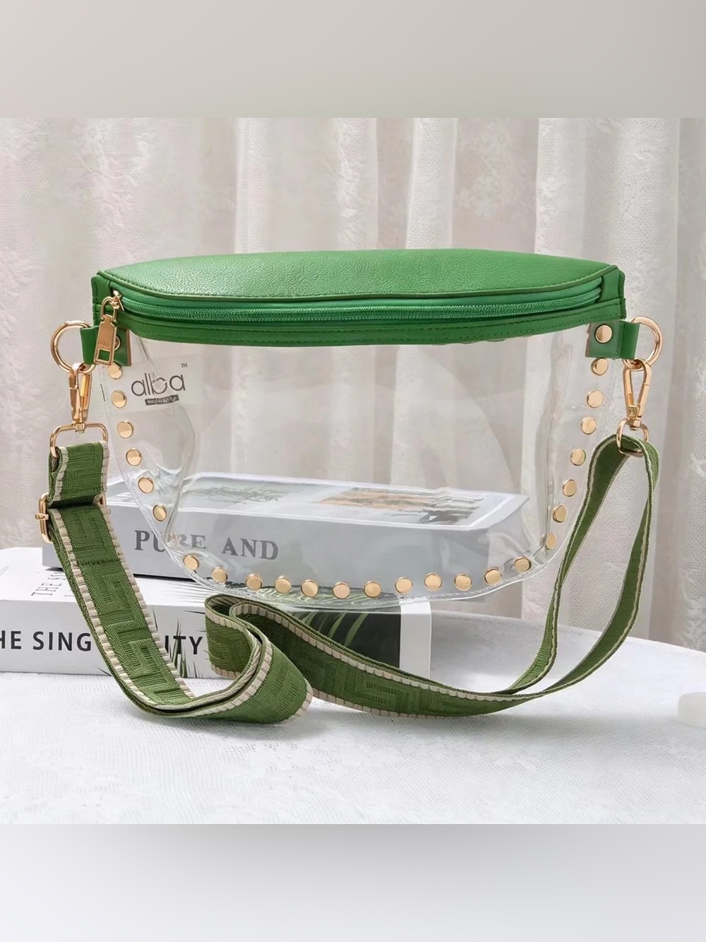 Alba Green Clear Crossbody with Gold Stud Trim